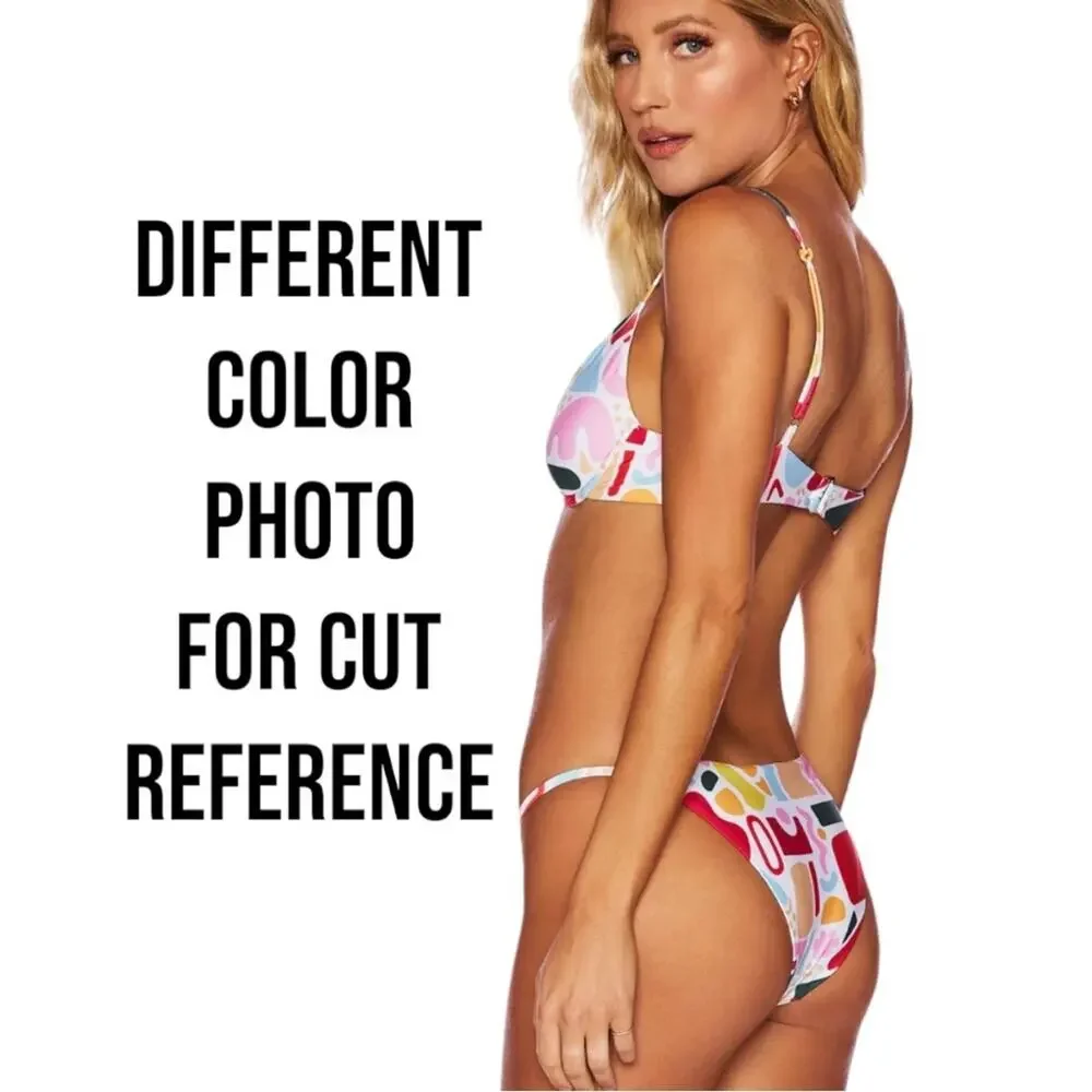 NWT BEACH RIOT Chloe Cheeky String Bikini‎ Bottom Blue Abstract L